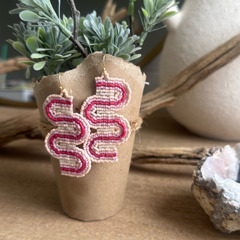 Pink Beaded Statement Wave Earrings